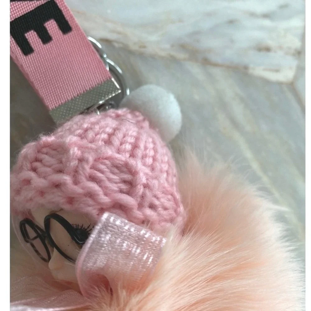 Pink Faux Fur Doll Keychain Charm with Glasses and LOVE Strap Accessory‎